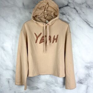 NWT H&M Sparkle Embroidered Cropped Flare Sleeve Pullover Hoodie Gold Tan S